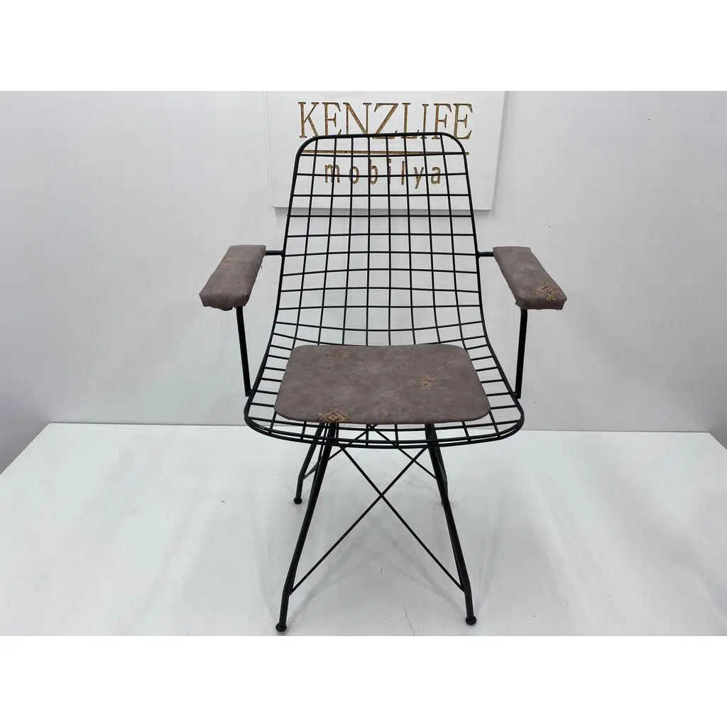 Knsz kafes tel sandalyesi 1 li mazlum syhgri işlemeli kumaş kolçaklı ofis cafe bahçe mutfak