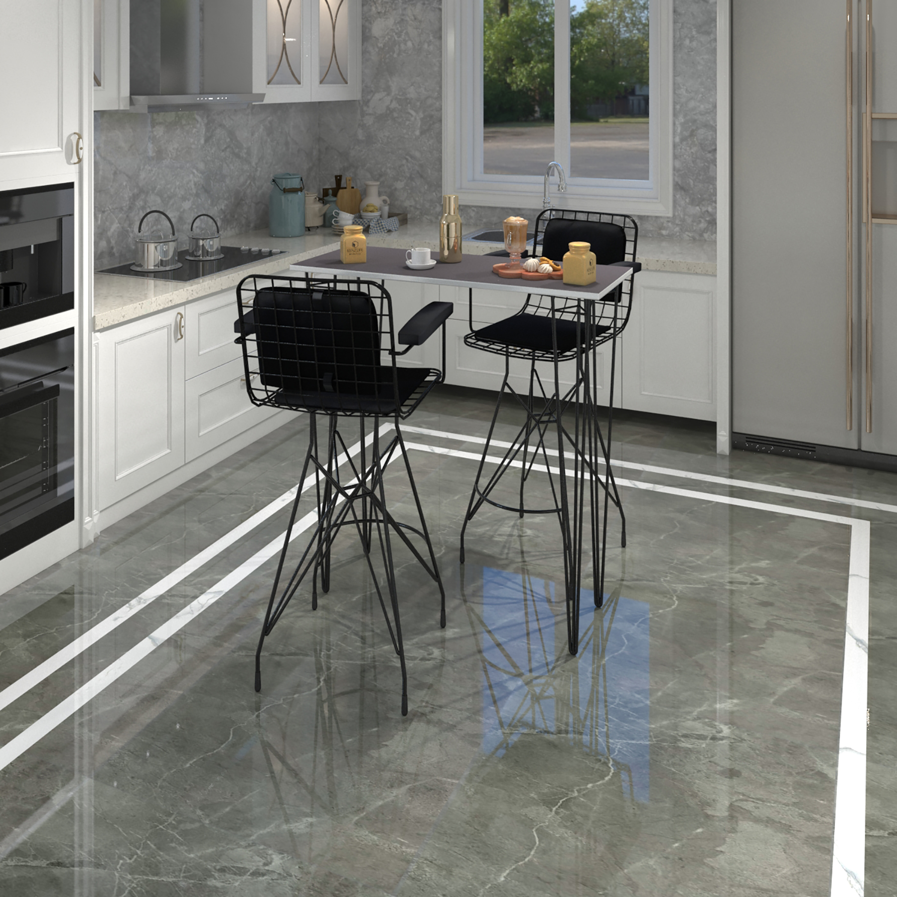 Knsz masa sandalye takımı hem105zengin grisyh 100*040 2 sandalye syhsyh kolçaklı sırt minderli