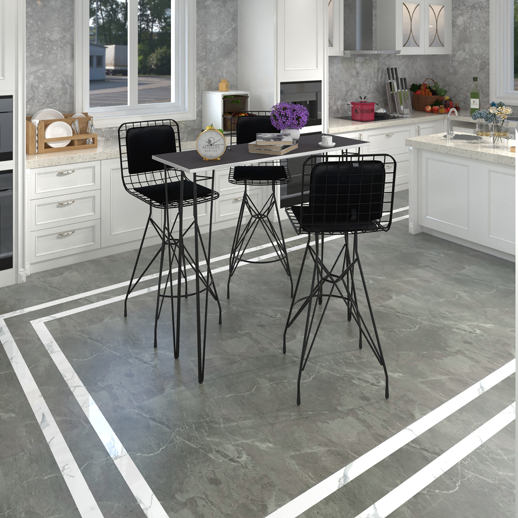Knsz masa sandalye takımı hem105zengin grisyh 120*040 3 sandalye syhsyh sırt minderli