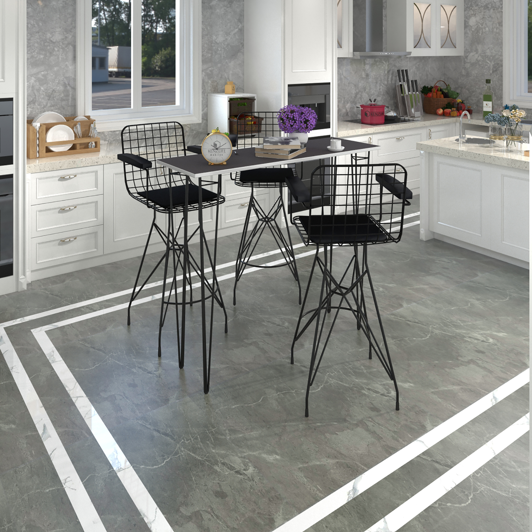 Knsz masa sandalye takımı hem105zengin grisyh 140*040 3 sandalye syhsyh kolçaklı