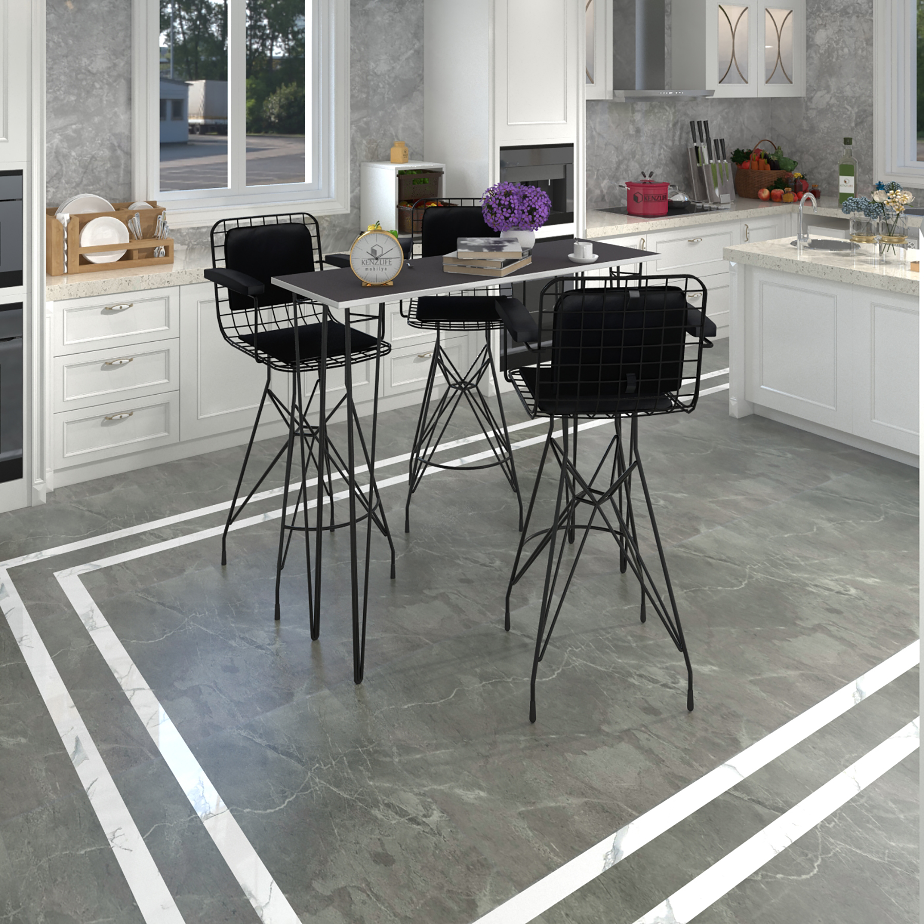 Knsz masa sandalye takımı hem105zengin grisyh 140*040 3 sandalye syhsyh kolçaklı sırt minderli