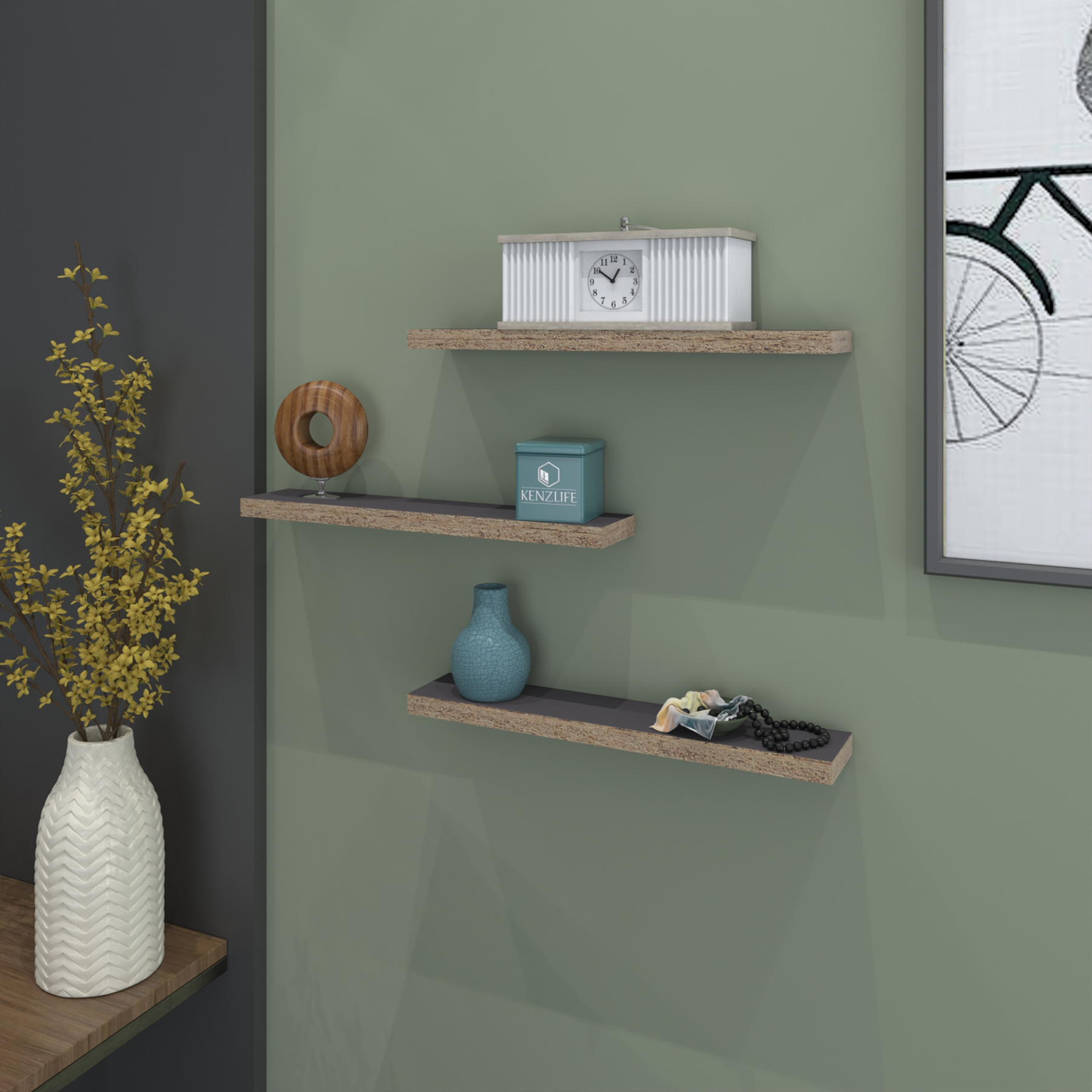 Kenzlife duvar rafı debernuş üçlü 039*07*3 gri 3 adet duvar rafı süslük eko (m)